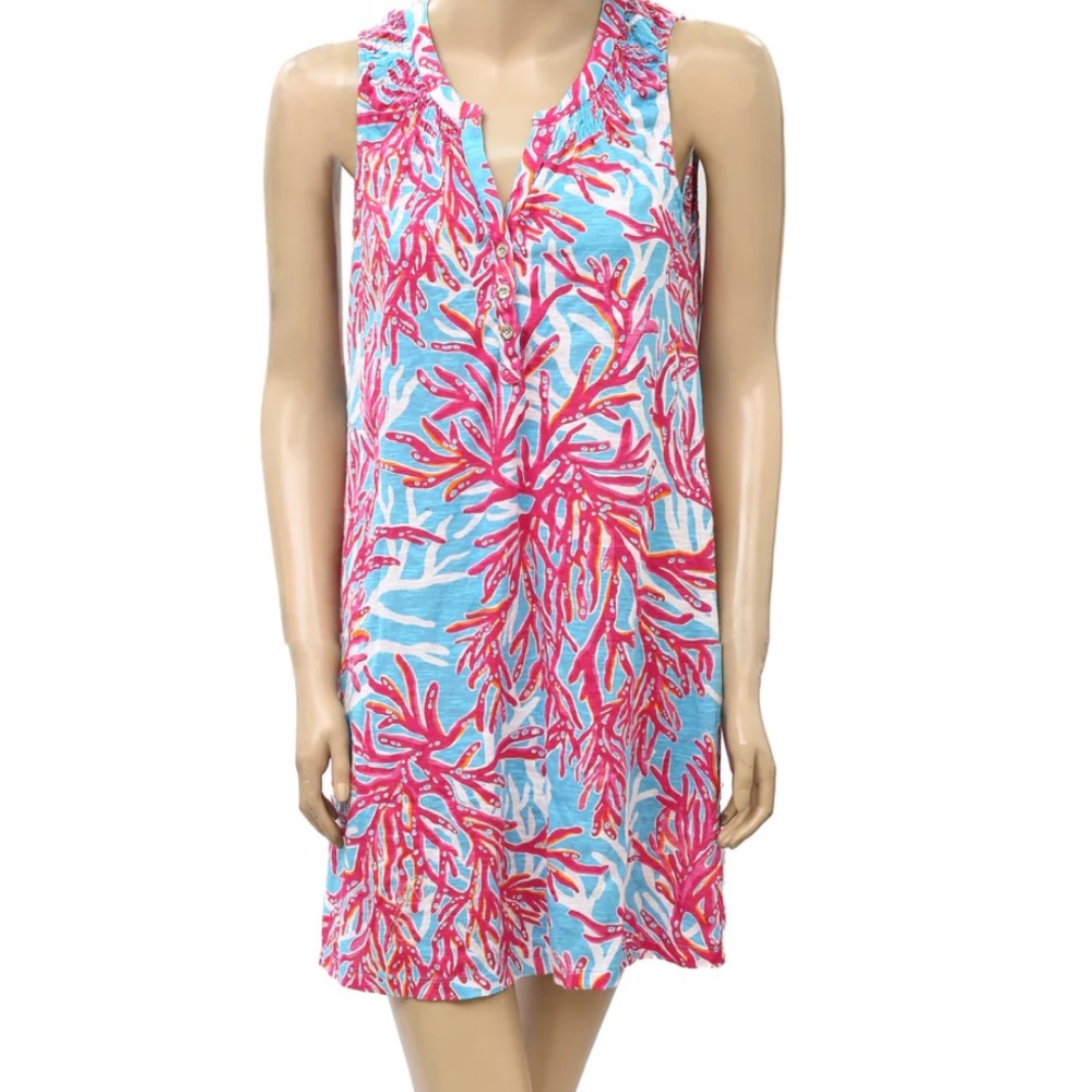 Lilly Pulitzer Essie Tank Dress Pink Coral Coastal Turquoise Sleeveless Cotton